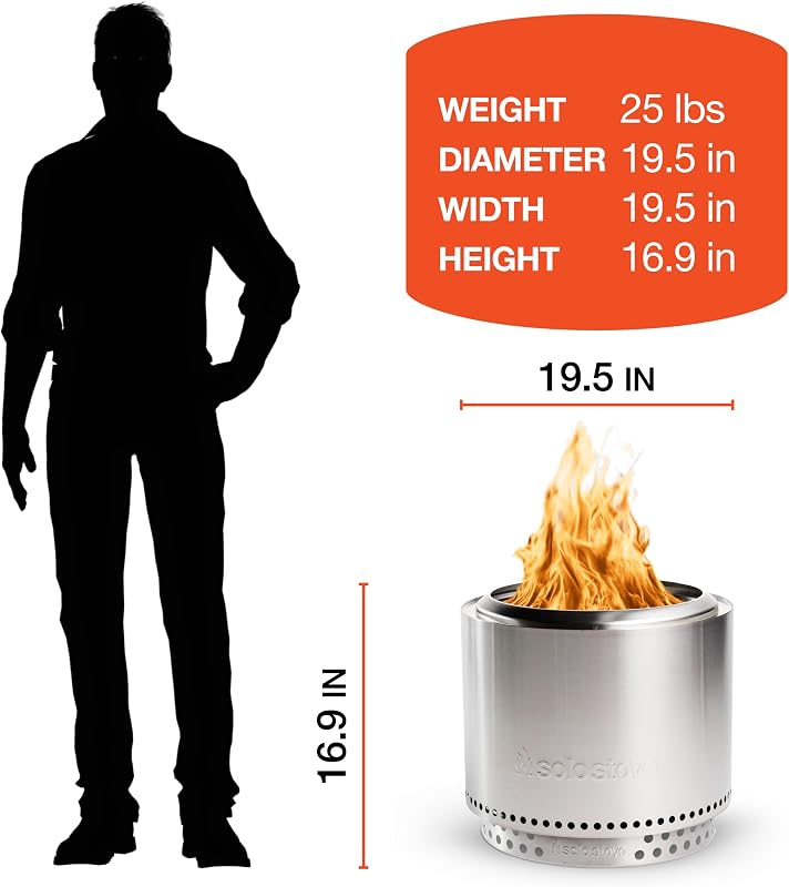 Size and scale example: fire pit next to human silhouette with dimensions