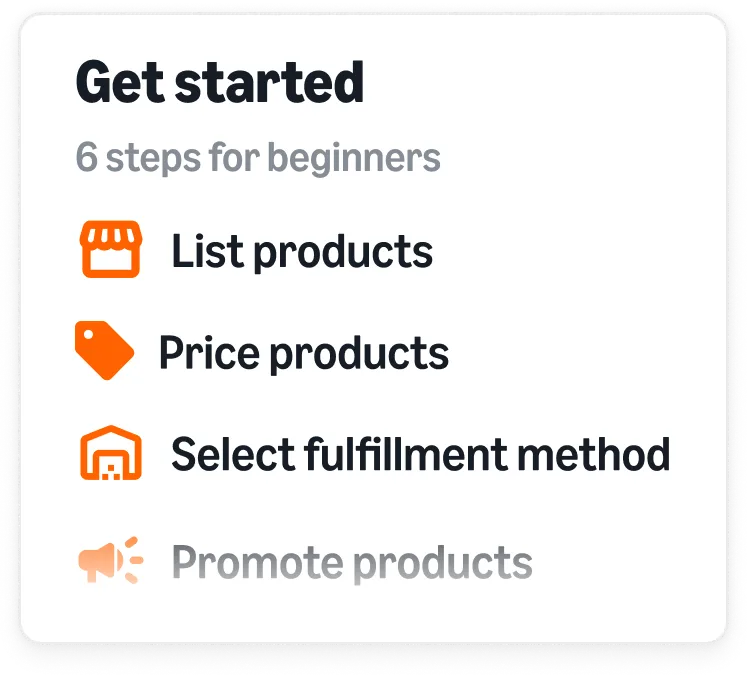 Seller Central getting started checklist for new Amazon sellers: list products, price products, select fulfillment method, promote products